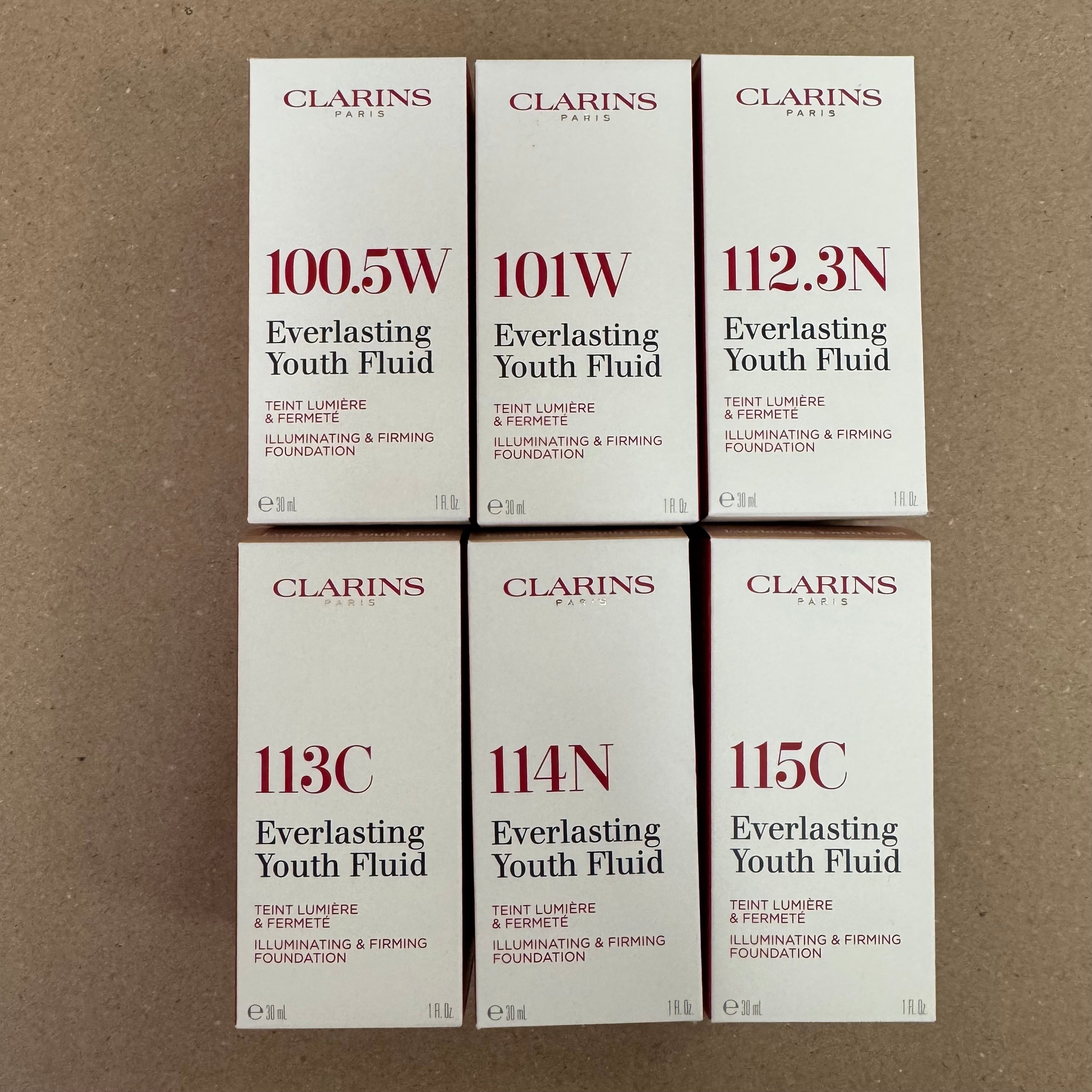 WHOLESALE CLARINS EVERLASTING YOUTH FLUID ILLUMINATING & FIRMING FOUNDATION 1 OZ - ASSORTED COLORS - 50 PIECE LOT