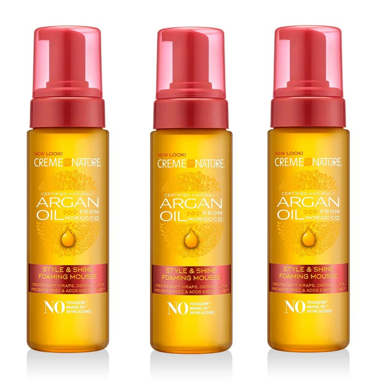 WHOLESALE CREME OF NATURE ARGAN OIL FROM MOROCCO STYLE & SHINE FOAMING MOUSSE 7 OZ (PACK OF 3) - 48 PIECE LOT