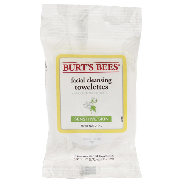 WHOLESALE BURT'S BEES FACIAL CLEANSING TOWELETTES WITH COTTON EXTRACT FOR SENSITIVE SKIN 10 PACK - 48 PIECE LOT
