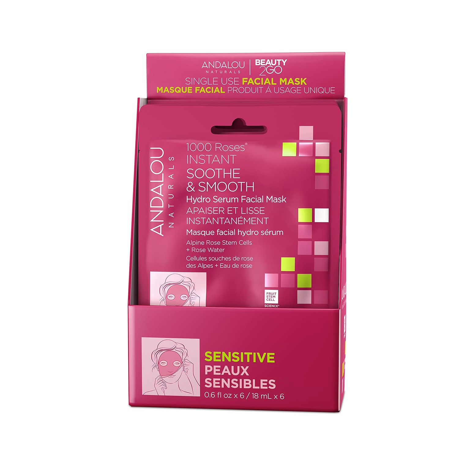 WHOLESALE ANDALOU NATURALS 1000 ROSES INSTANT SOOTHE & SMOOTHE HYDRO SERUM FACIAL MASK (PACK OF 6) - 48 PIECE LOT