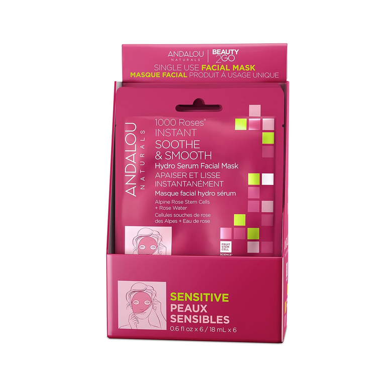 WHOLESALE ANDALOU NATURALS 1000 ROSES INSTANT SOOTHE & SMOOTHE HYDRO SERUM FACIAL MASK (PACK OF 6) - 48 PIECE LOT