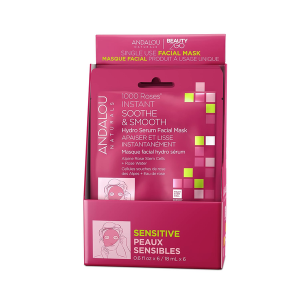 WHOLESALE ANDALOU NATURALS 1000 ROSES INSTANT SOOTHE & SMOOTHE HYDRO SERUM FACIAL MASK (PACK OF 6) - 48 PIECE LOT