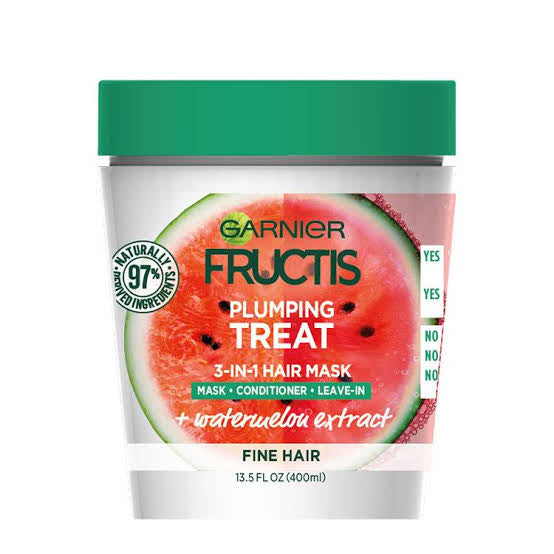 WHOLESALE GARNIER FRUCTIS PLUMPING TREAT  3-IN-1 HAIR MASK + WATERMELON EXTRACT 400 ML / 13.5 OZ  - 48 PIECE LOT