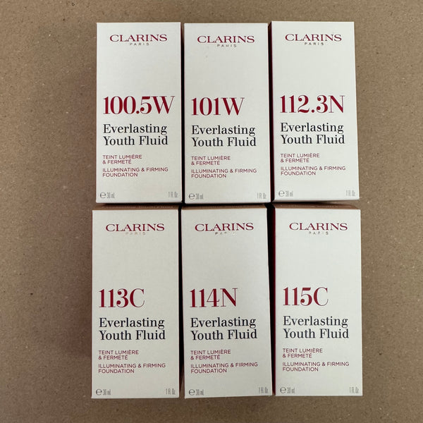 WHOLESALE CLARINS EVERLASTING YOUTH FLUID ILLUMINATING & FIRMING FOUNDATION 1 OZ - ASSORTED COLORS - 50 PIECE LOT