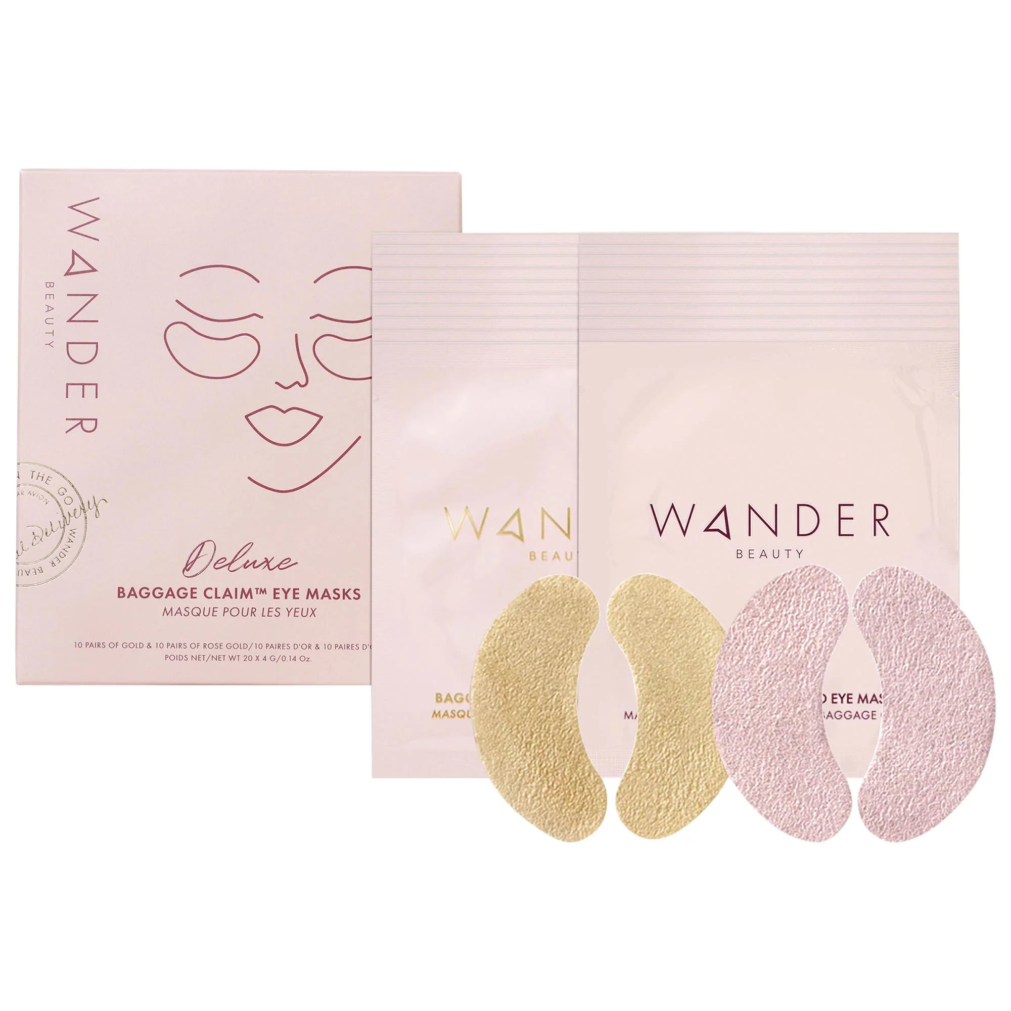 WHOLESALE WANDER BEAUTY BAGGAGE CLAIM ROSE GOLD & GOLD EYE MASKS - 10 PAIRS OF EACH - 48 PIECE LOT